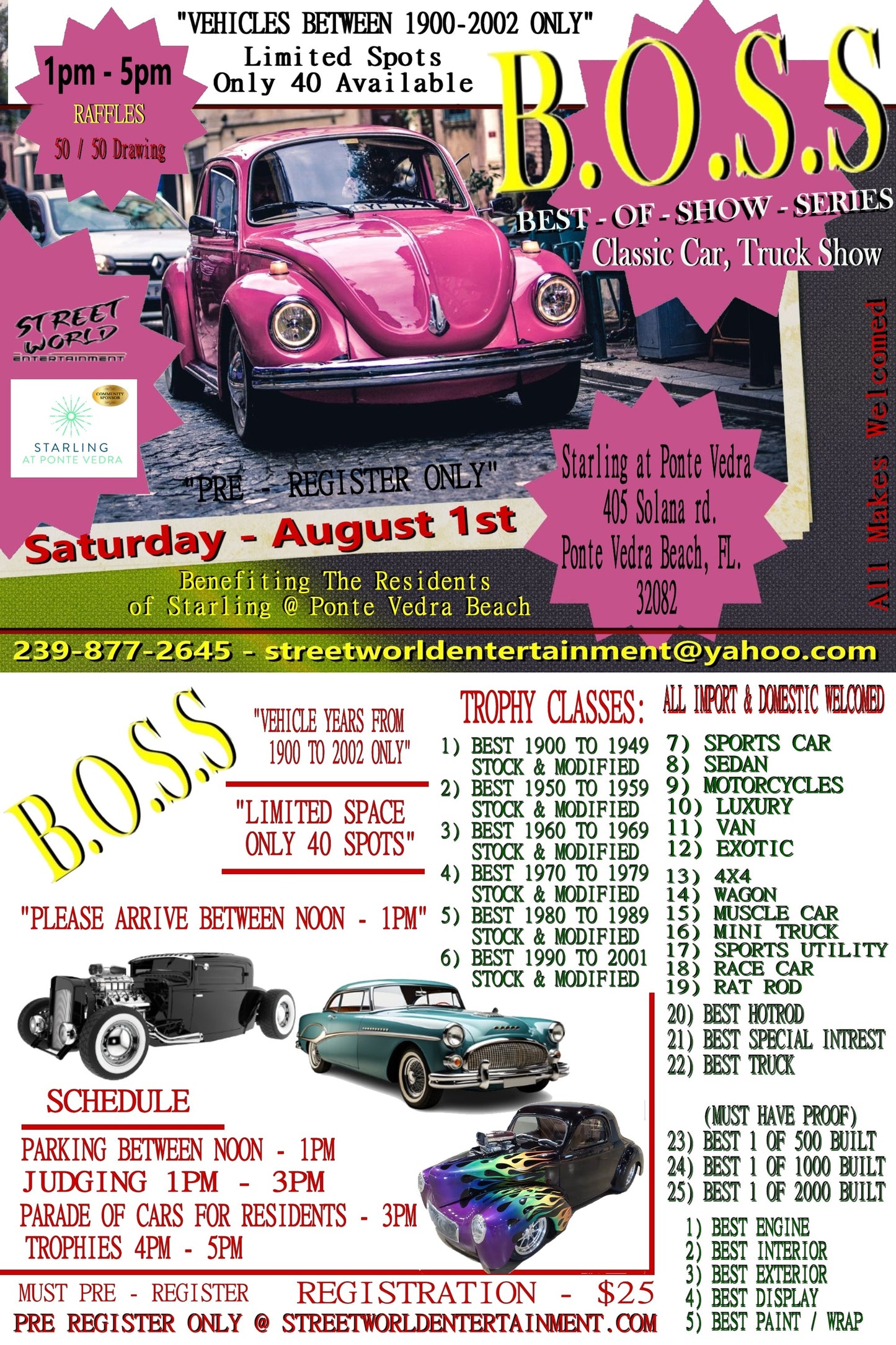 B.O.S.S. Car Show, Starling at Ponte Vedra, Ponte Vedra Beach, August 1st, 1PM-5PM