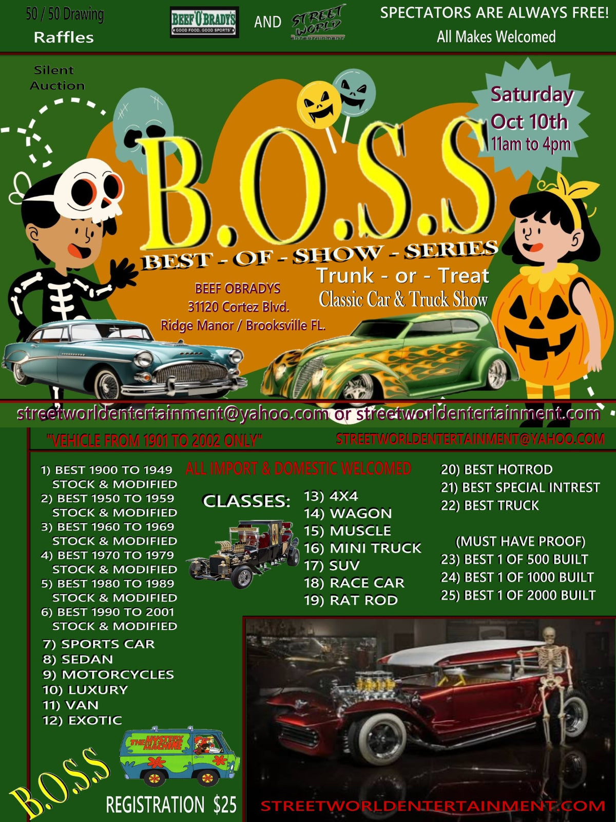 B.O.S.S. Car Show Trunk or Treat, Beef 'O'Brady's, Ridge Manor/Brooksville, Saturday, October 10th, 11AM-4PM