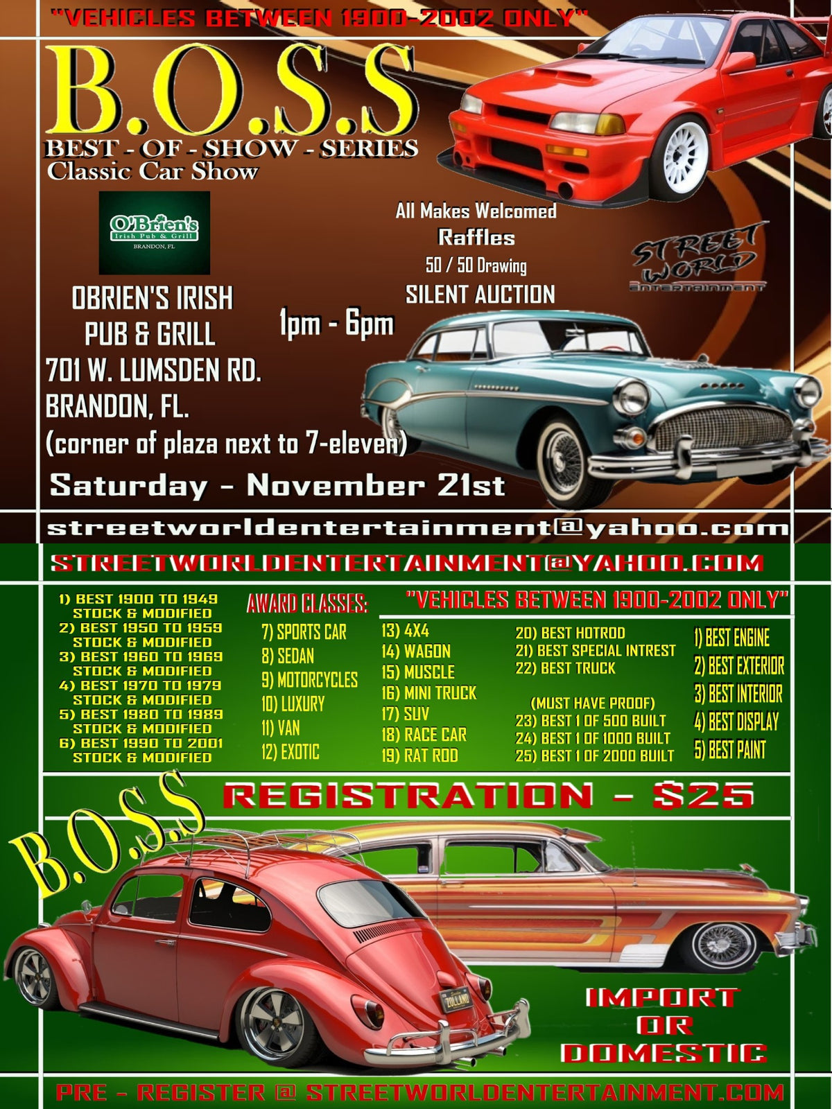 B.O.S.S. Classic Car and Truck Show, O'Brien's Irish Pub and Grill, Brandon, FL, November 21, 2026, 1PM - 6PM
