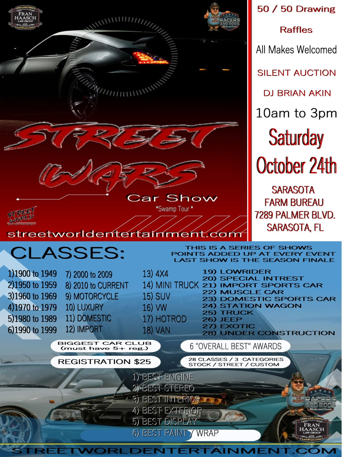 Street Wars Car Show, Sarasota Farm Bureau, Sarasota, October 24th 10AM-3PM