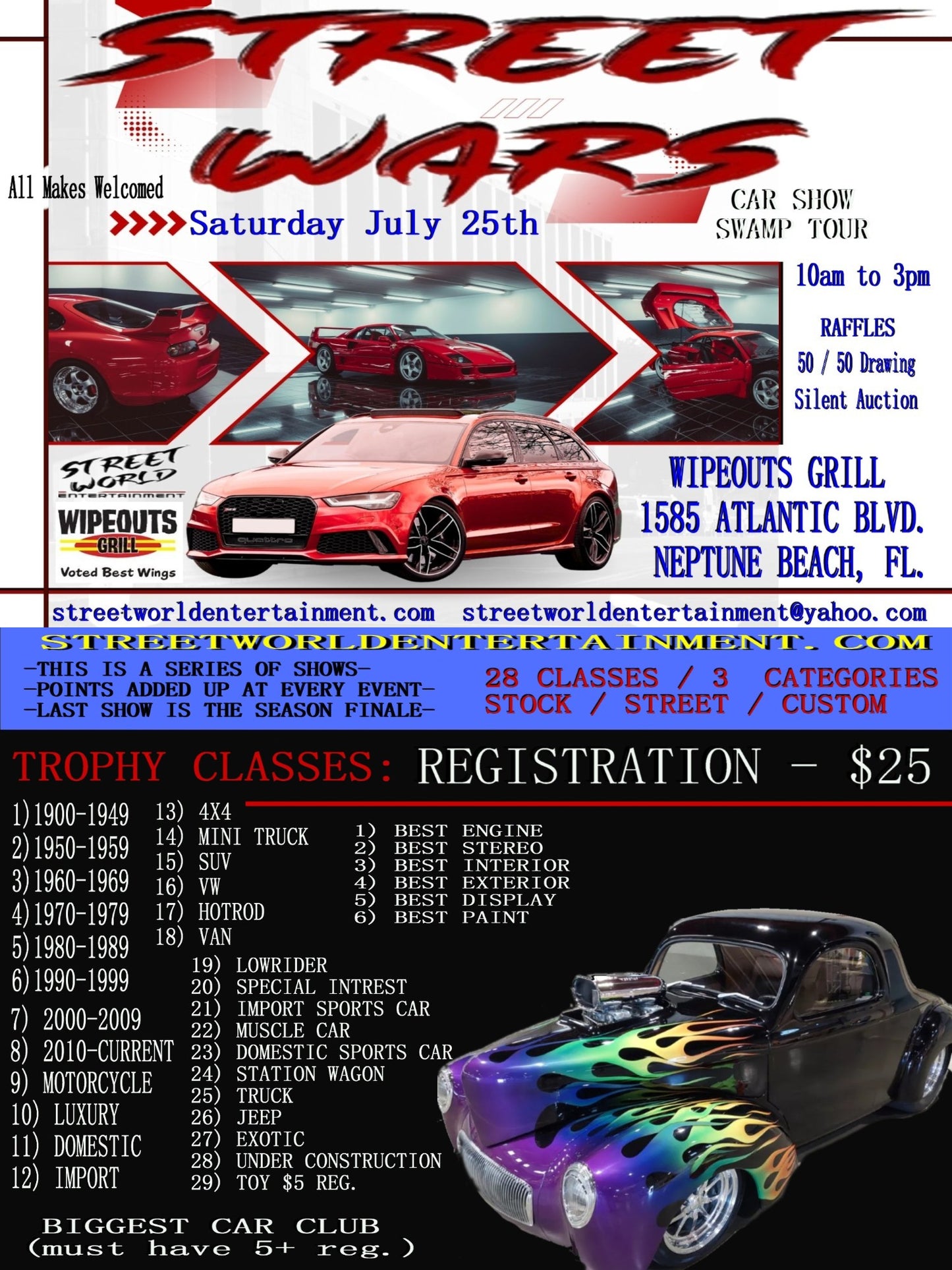Street Wars Car Show, Wipeouts Bar and Grill, Neptune Beach, July 25th 10AM-3PM