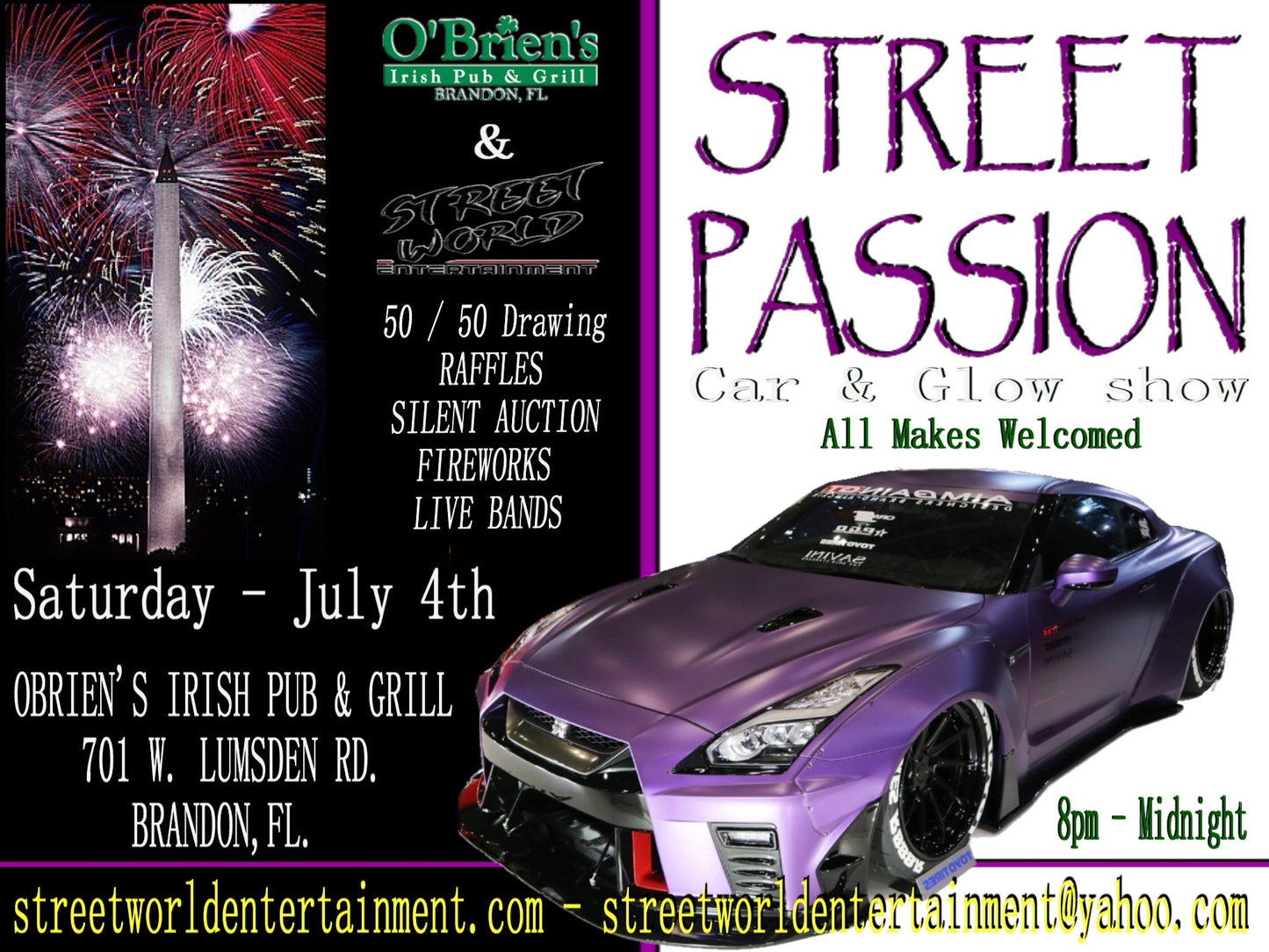 Street Passion Car and Glow Show, O'Brien's Irish Pub and Grill, Brandon, FL, July 4th, 8PM-Midnight