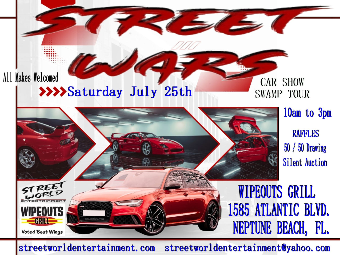 Street Wars Car Show, Wipeouts Bar and Grill, Neptune Beach, July 25th 10AM-3PM
