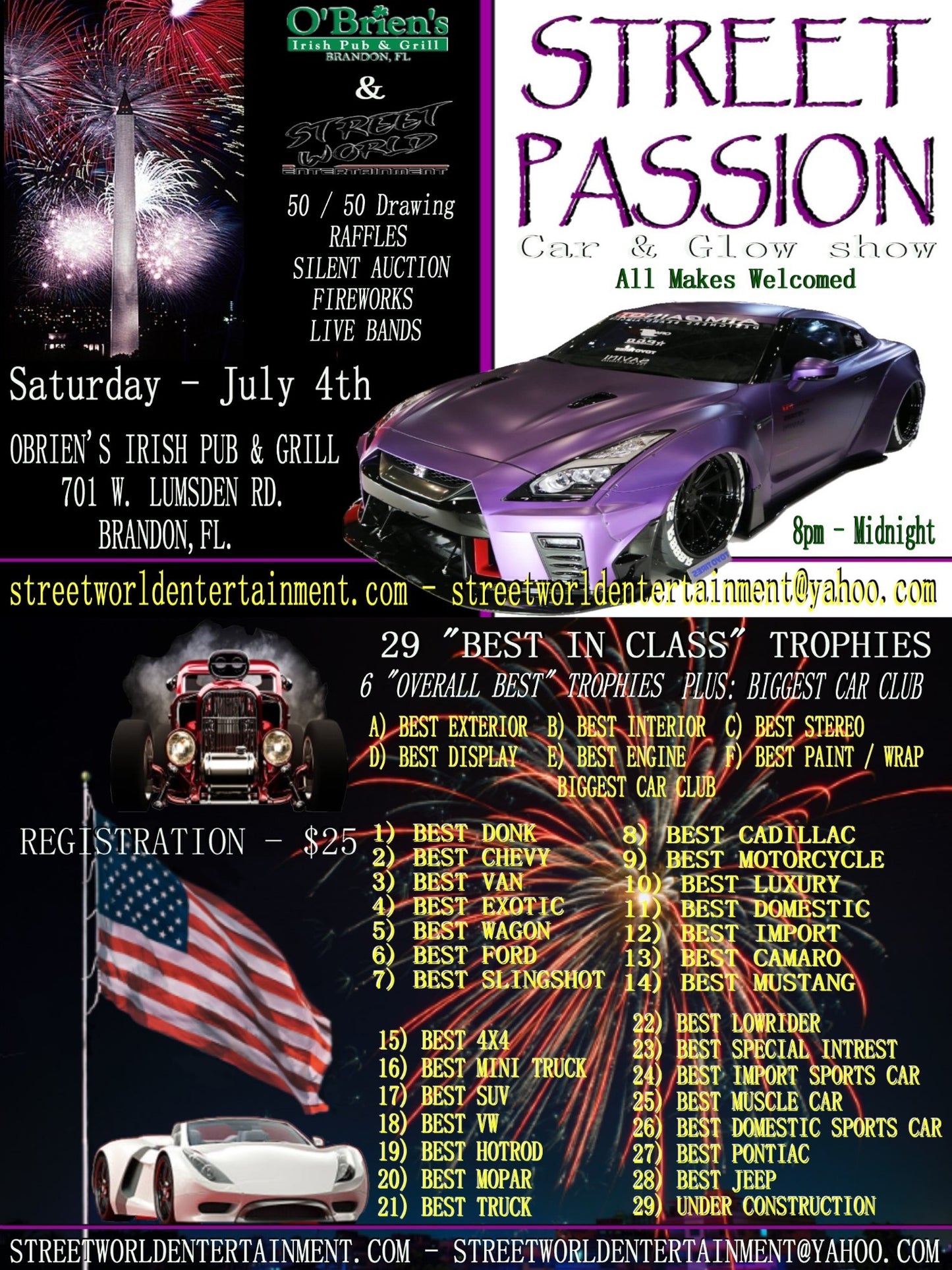Street Passion Car and Glow Show, O'Brien's Irish Pub and Grill, Brandon, FL, July 4th, 8PM-Midnight